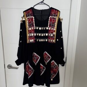 Black Embroidered Maxi Dress with Red Accent Panels and Coin Trim